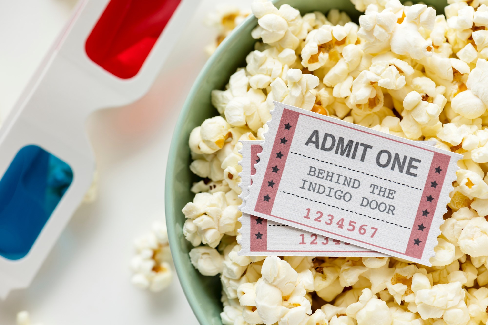 Bowl of Popcorn with Movie Tickets and 3D Glasses Bowl of Popcorn with Movie Tickets and 3D Glasses