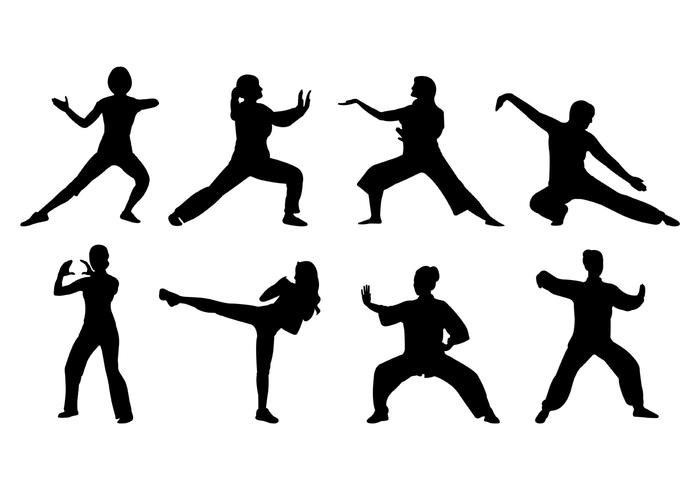Eight clip art silhouettes of people in Tai Chi forms.