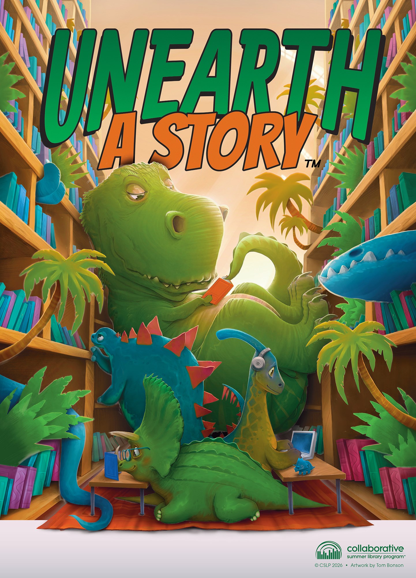 illustrations of cartoon dinosaurs reading between two bookshelves