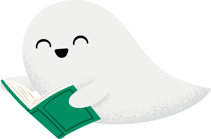 Illustration of a smiling ghost with book facing left