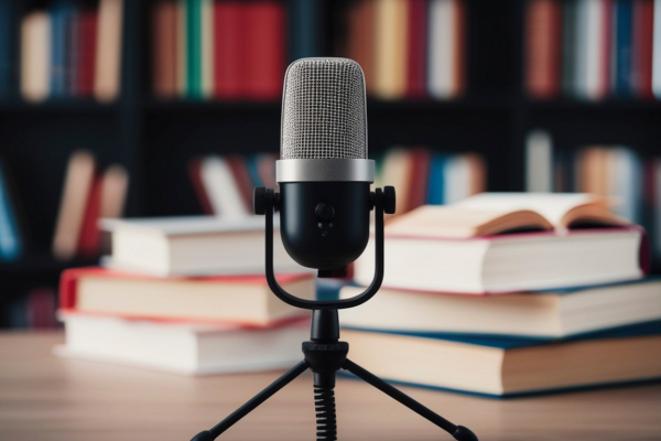 Image: A microphone on a desk with books behind it