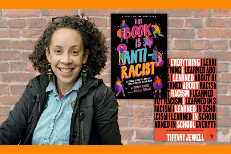 Author Tiffany Jewell with a couple of her books about how to be anti-racist.