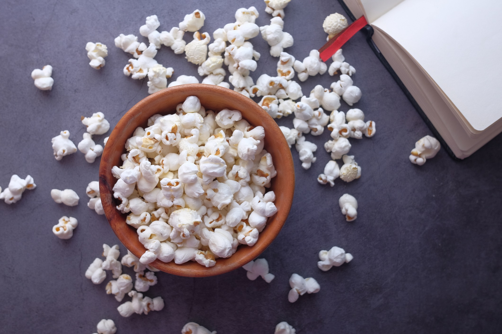 Overhead View of Popcorn and Book on a Table