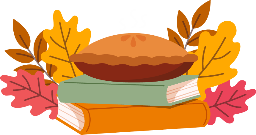 An illustration of a pie sitting on two stacked books, surrounded by fall leaves.