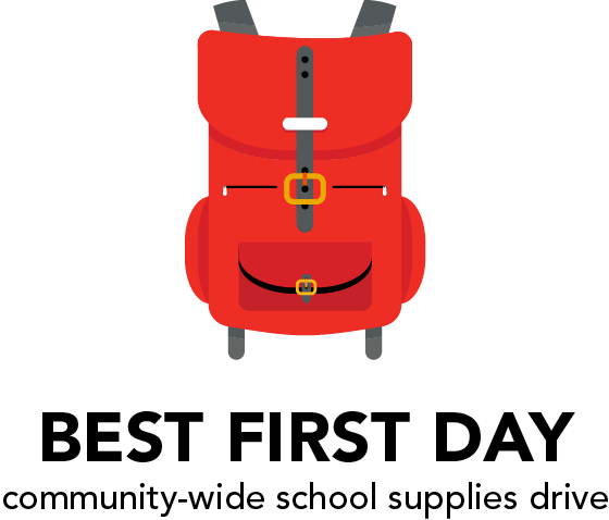 An illustration of a red backpack. Text reads "Best First Day: Community-wide school supplies drive".