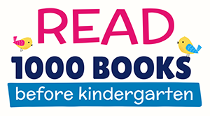 An image of text reading "Read 1000 books before kindergarten" with two small illustrated birds.