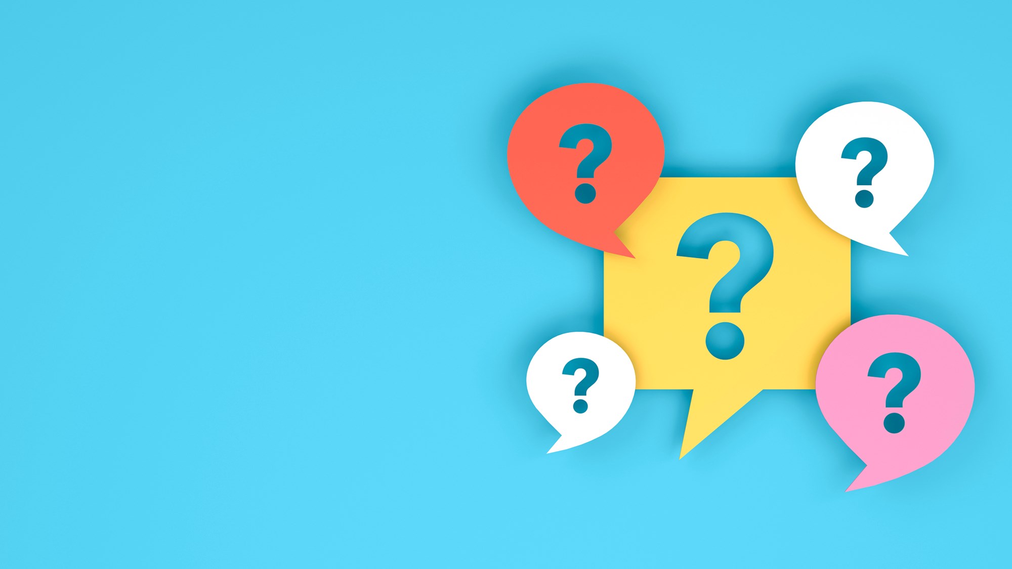 An illustration of differently shaped speech bubbles all containing question marks.