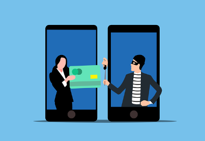 An illustration of two smart phones side by side. A person is shown on the left phone is handing a credit card to a criminal on the other screen