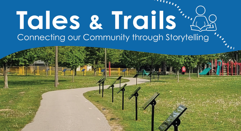 A photo of a storytelling trail and the tales and trails logo
