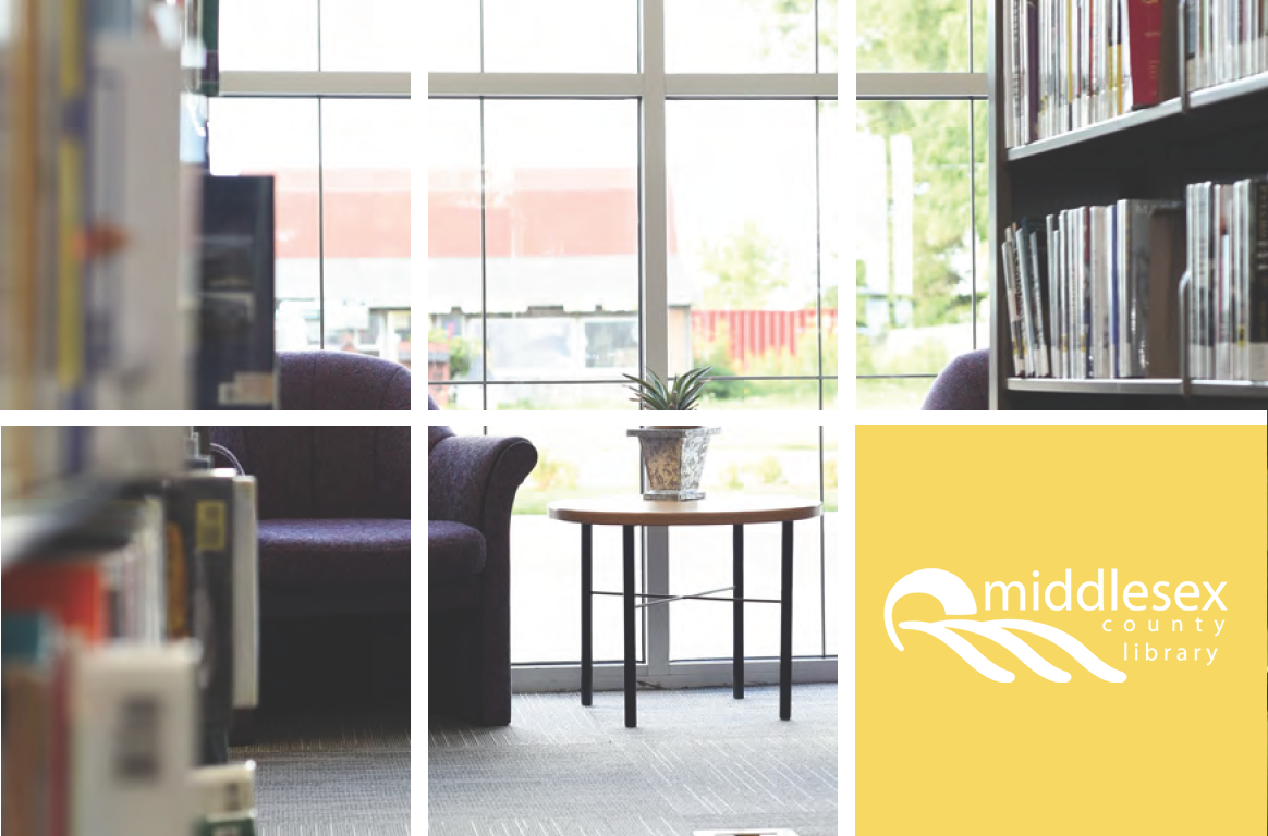 A photo of a chair and small houseplant on a table, taken from in the stacks at a library.