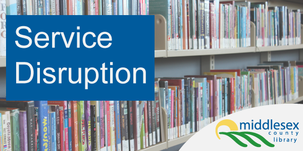 A photo of book shelves with text reading Service Disruption. A photo of book shelves with text reading Service Disruption.