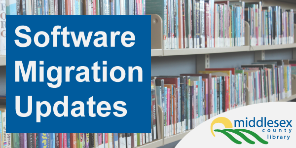 A photo of library book shelves with the text Software Migration Updates.