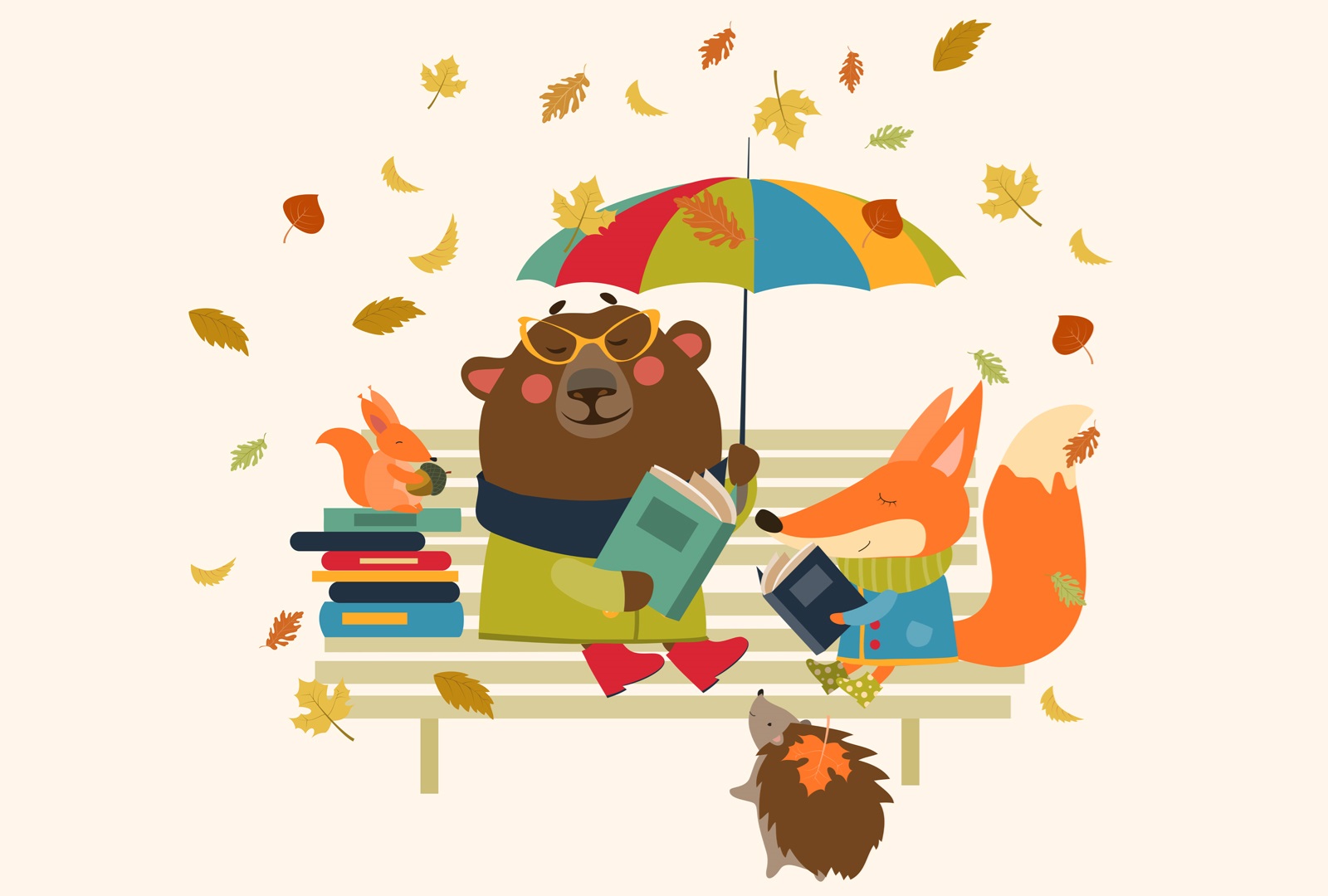 Various cartoon animals sitting on a bench surrounded by falling leaves