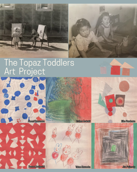 Collage of children art pieces and images of children drawing