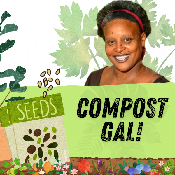 Promotional poster with portrait of Lori Caldwell and illustration of plants and seeds