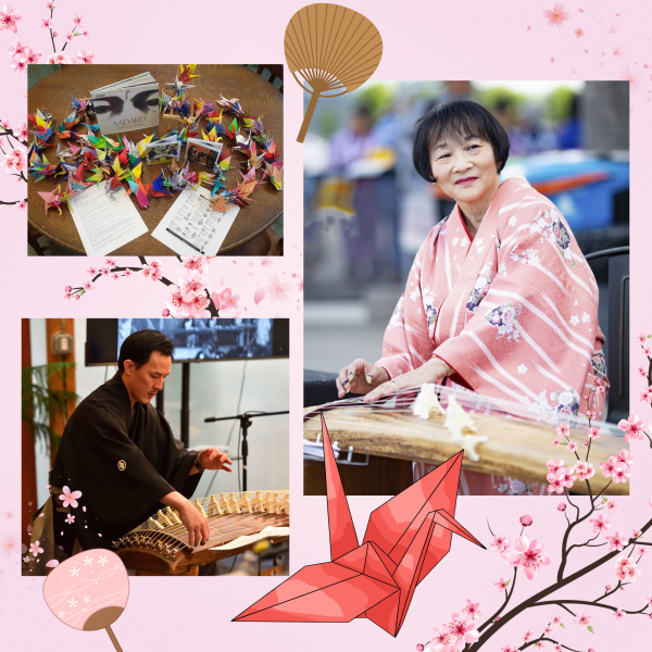 Collage of origami cranes, and traditional Japanese musical playing