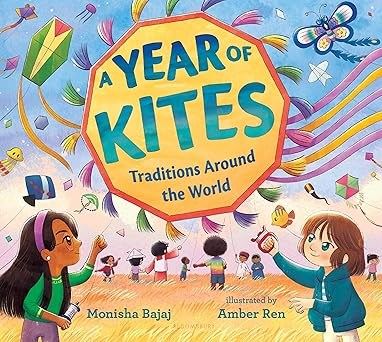book cover with a drawing of a sky full of kites and children with title of book: A Year of Kites: Traditions Around the World