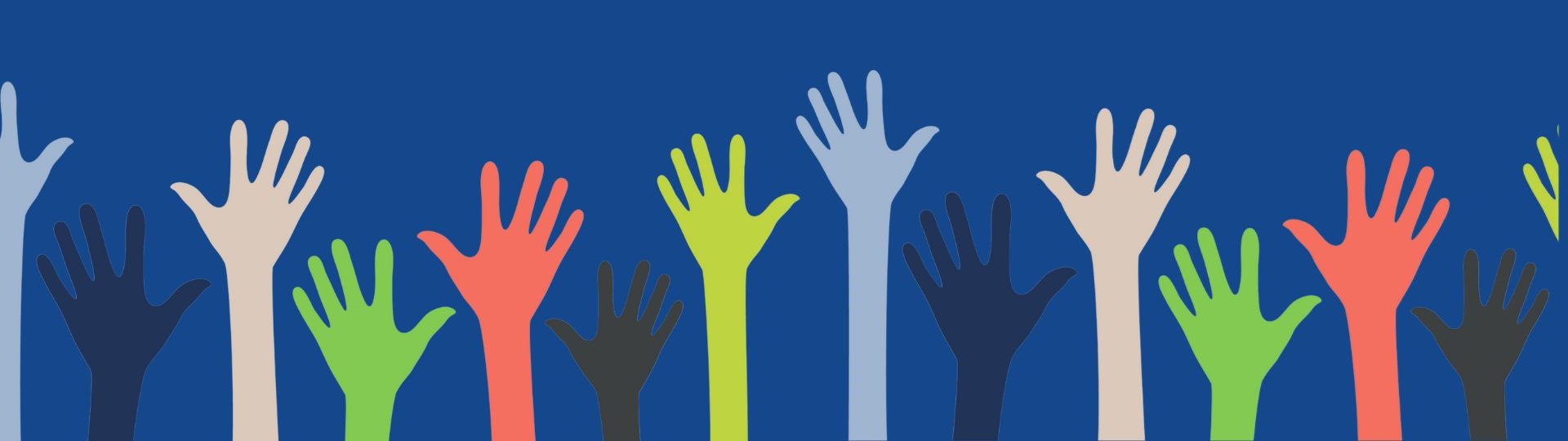 Drawn multicolored hands raised on a blue background