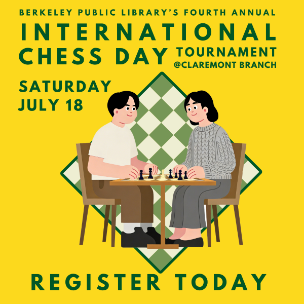 Illustration of 2 people playing chess, text reads "register today"