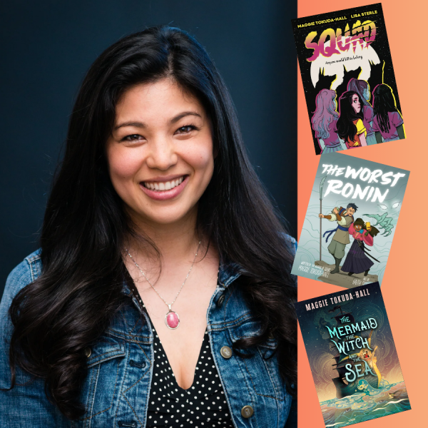 portrait of Maggie Tokuda-Hall and three book covers.