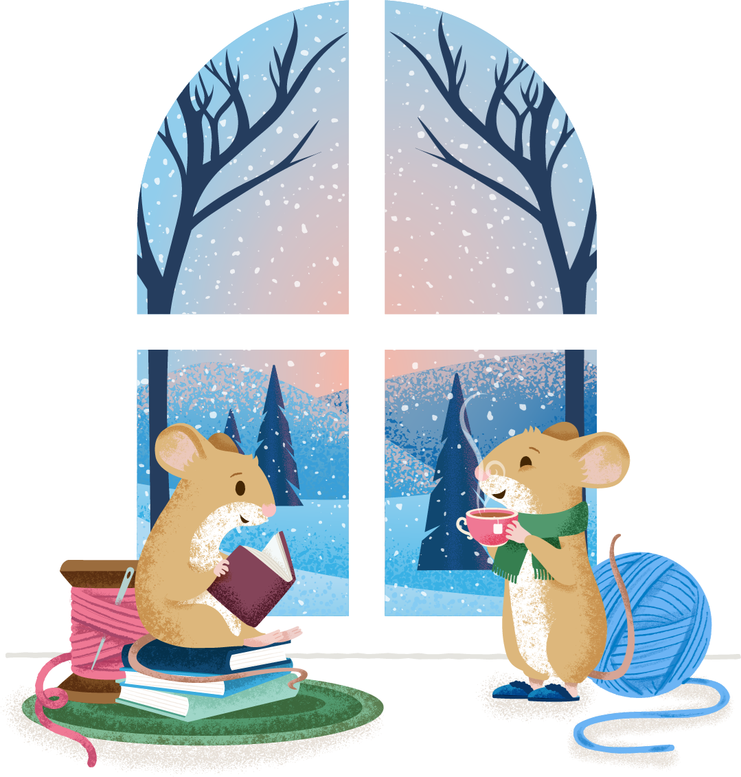 Illustration of two mice one sitting and reading and one drinking tea