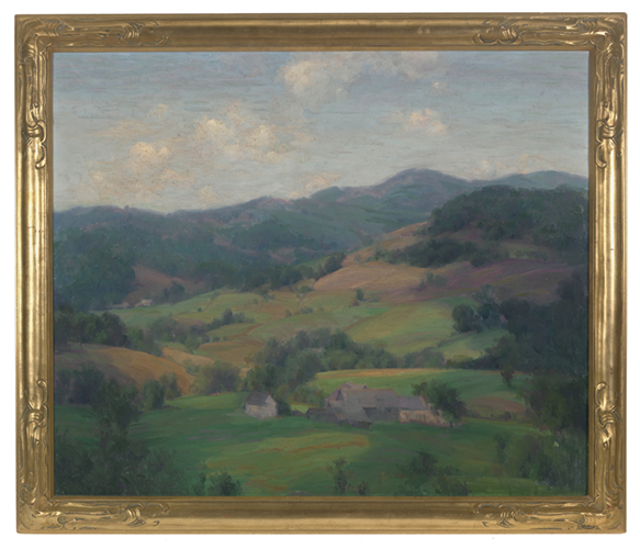 landscape oil painting of Plymouth, Vermont, hills in background, farmhouse in mid-distance