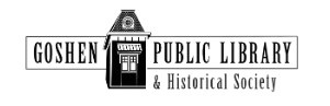 Goshen Public Library and Historical Society logo - black building image and text on white background