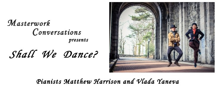 Promotional announcement for Shall we Dance program featuring image of Matthew Harrison and Vlada Yaneva doing an impromptu Irish jig under a stone arched brick walkway in front of a background of winter trees in the distance
