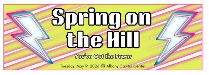 Spring on the Hill 2026 text on yellow background bisected by diagonal white lines and white lightning bolts with teal blue and magenta outline