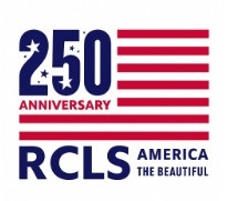 RCLS America the Beautiful US flag image. Number 250 in blue in stars field above the word Anniversary in red next to red stripes field