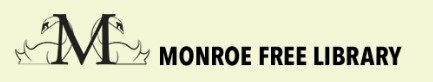 Monroe Free Library logo black text and swans intertwined with black capital letter M on cream background