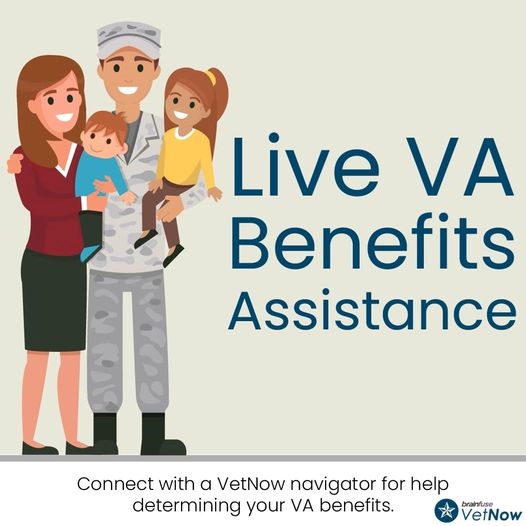 Cartoon of woman, man dressed in camouflage and two children standing to left of text in blue which reads Live VA Benefits Assistance