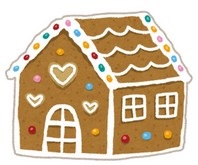Cartoon depiction of gingerbread house with white icing representing snow on roof and colored gumdrops decorating the building