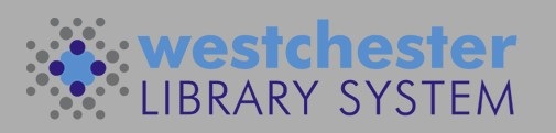 Westchester Library System blue and purple logo on gray background
