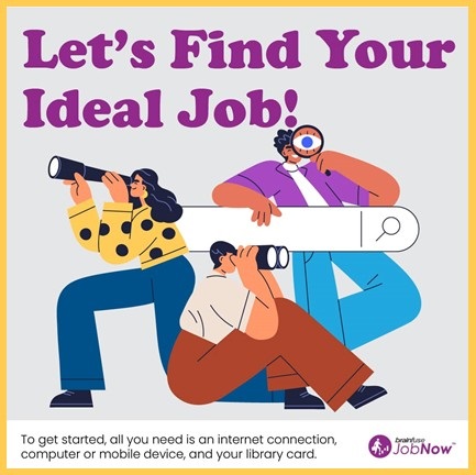Text reading let's find your ideal job above cartoon of three people surrounding a computer search bar window image.  People include woman with a telescope, seated man with binoculars, standing man with magnifying glass.