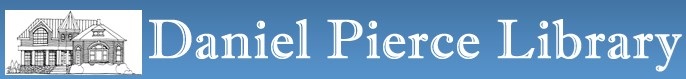 Daniel Pierce Library logo banner.  Drawing depicting building on left in black on white background.  Text reading Daniel Pierce Library in white.  Drawing and text on blue gradient background.