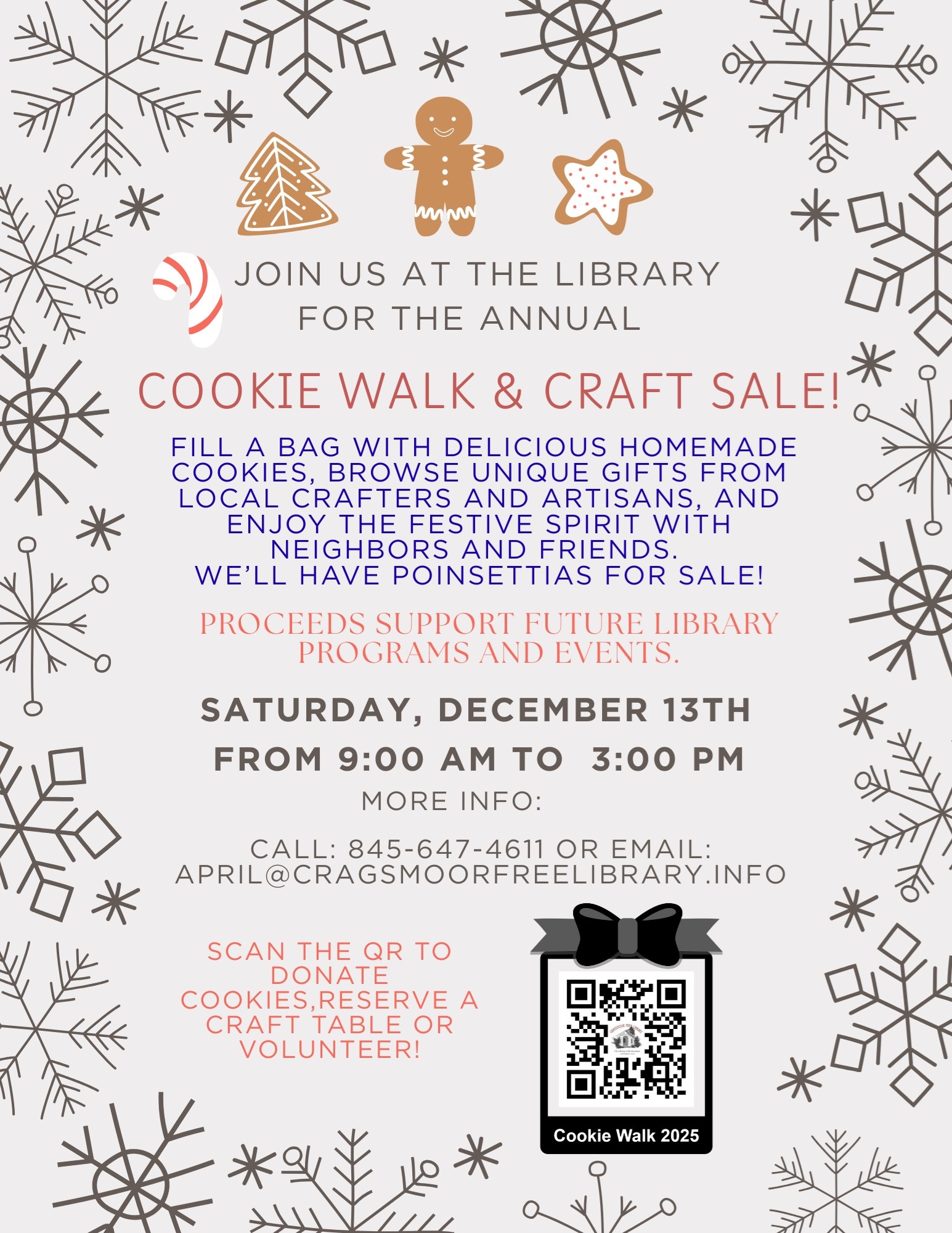 Flyer for Cragsmoor Library Winter Holiday Cookie and Craft event December 14, 2025 with snowflake and  gingerbread border art.  QR Code bottom right corner to donate cookies or reserve a craft table spot.