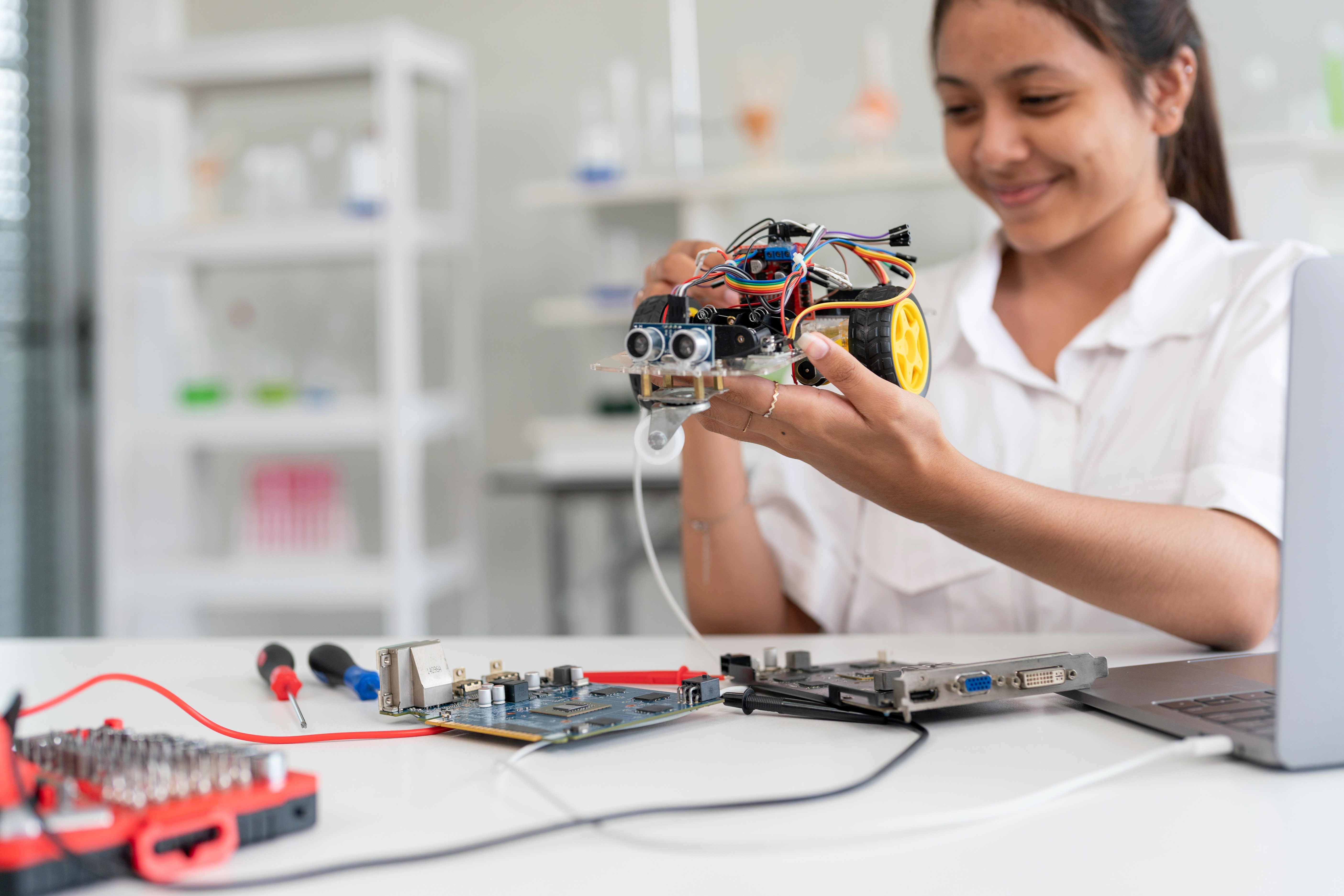School Girl Working On Robot Design in Science Lab