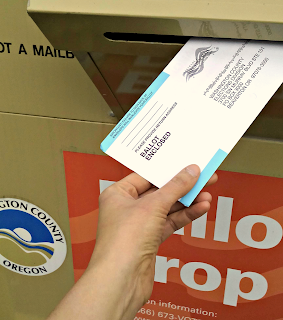 A hand places an election ballot in a ballot drop.