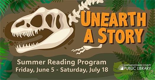 Dinosaur skeleton graphic for ‘Unearth a Story’ Summer Reading Program.
