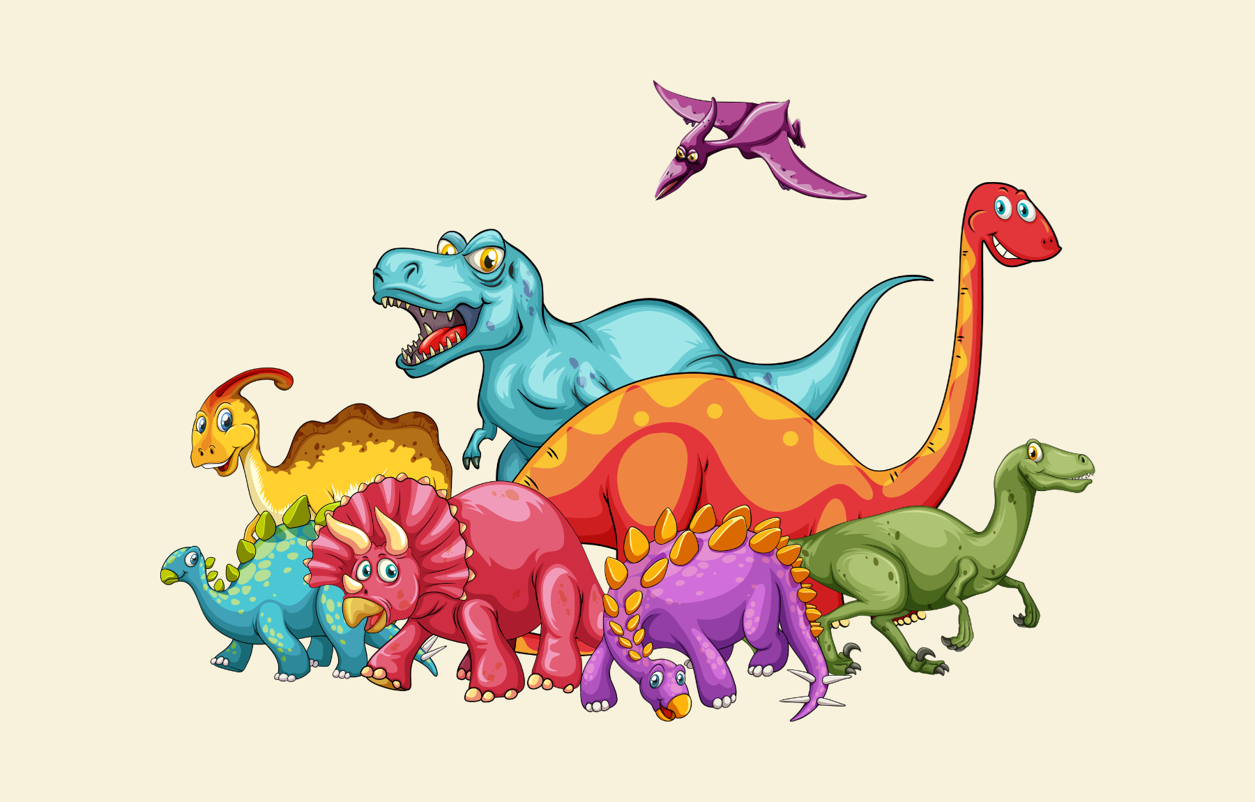 Cartoon image of several different dinosaurs.