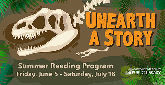 Dinosaur skeleton graphic for ‘Unearth a Story’ Summer Reading Program.