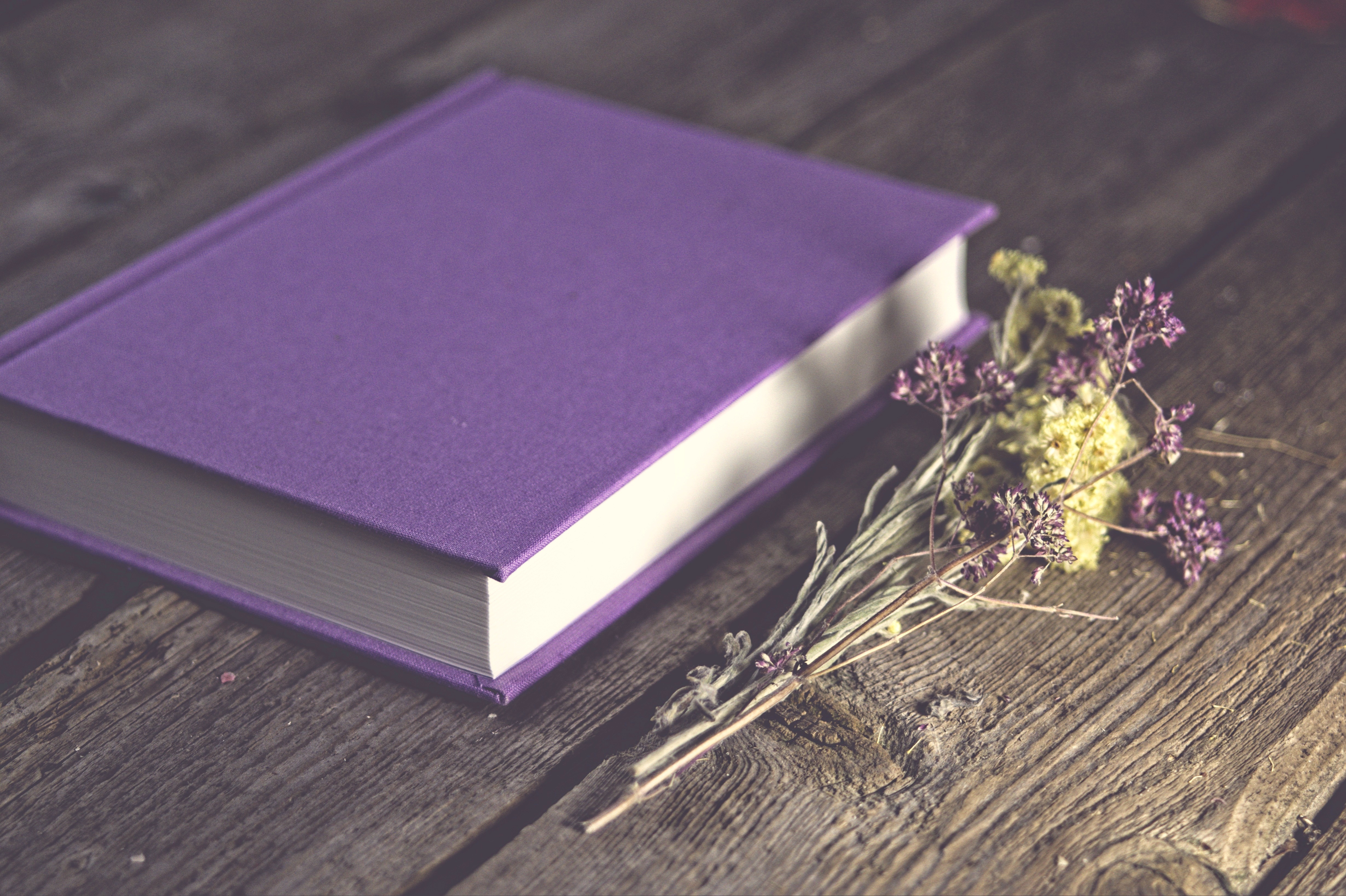 Purple Book on Old Wood Background