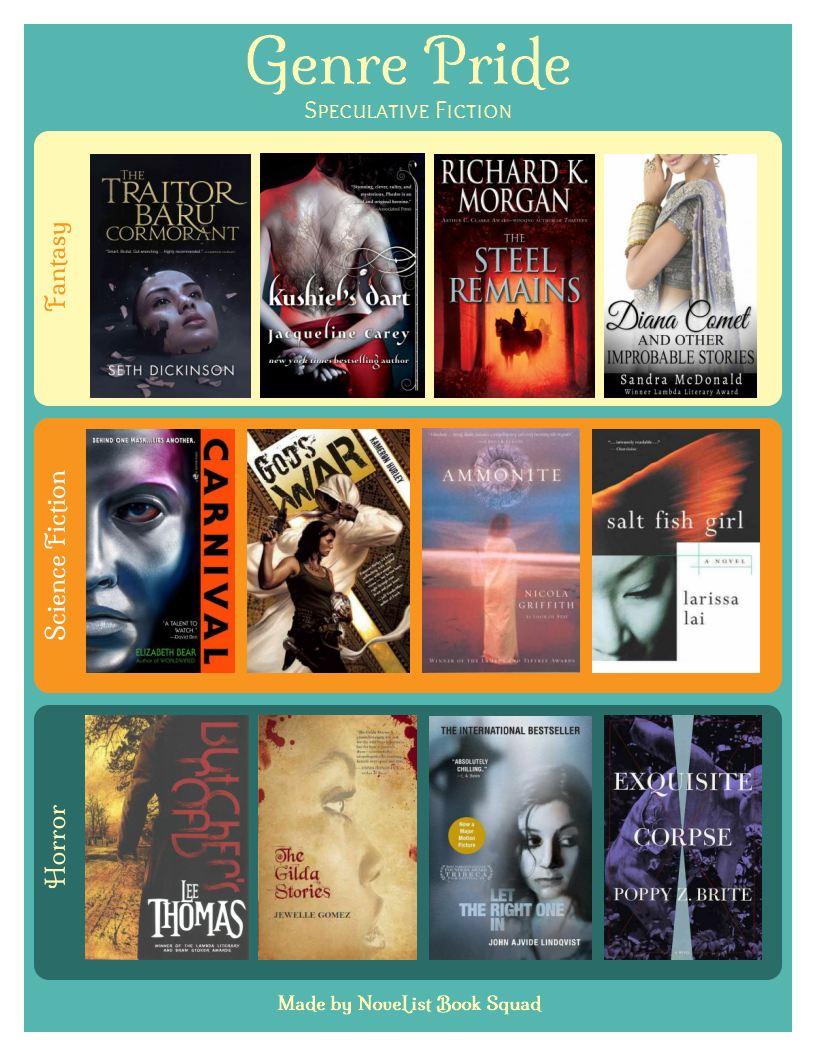 "genre pride flyer: fantasy, SF, and horror"