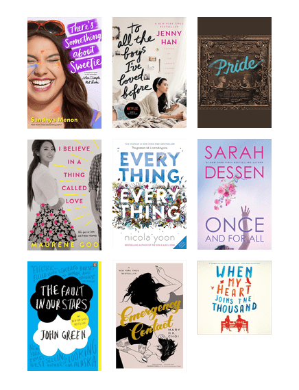 Image of book covers from the library's Teen romance book list. 
