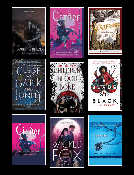 Image of book covers from the library's Teen Fantasy book list. 
