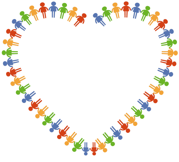 Image in the shape of a heart with people in primary colors holding hands