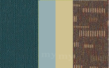 Image of different colors. Teal, light blue, light green, and brown representing new fabric, paint, and carpet for the remodel. 