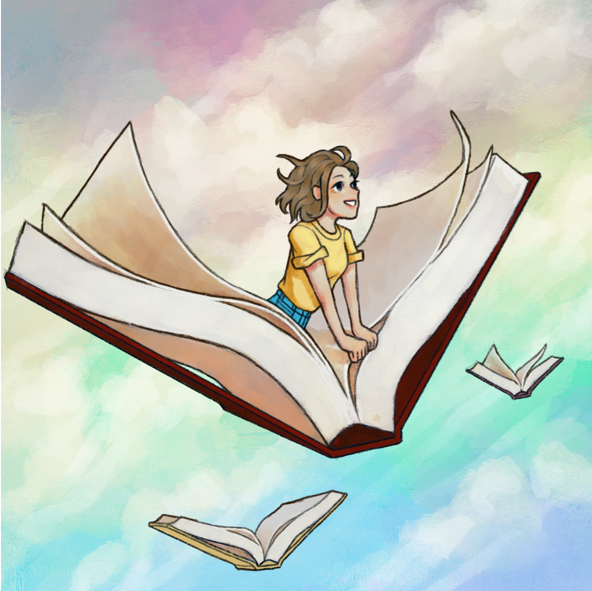 Teen art contest winner Emily E. Art is of a young person flying the skies in a book