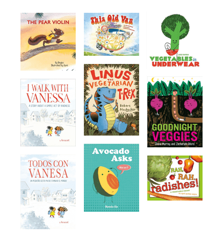 Image of book jackets for book list: Vegetables, Violins, and Vans!